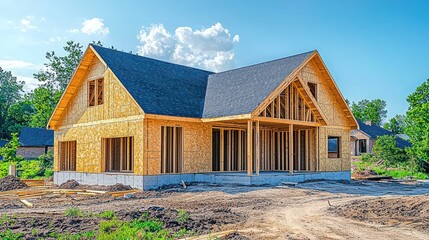 Obraz premium A partially constructed residential house under a bright blue sky
