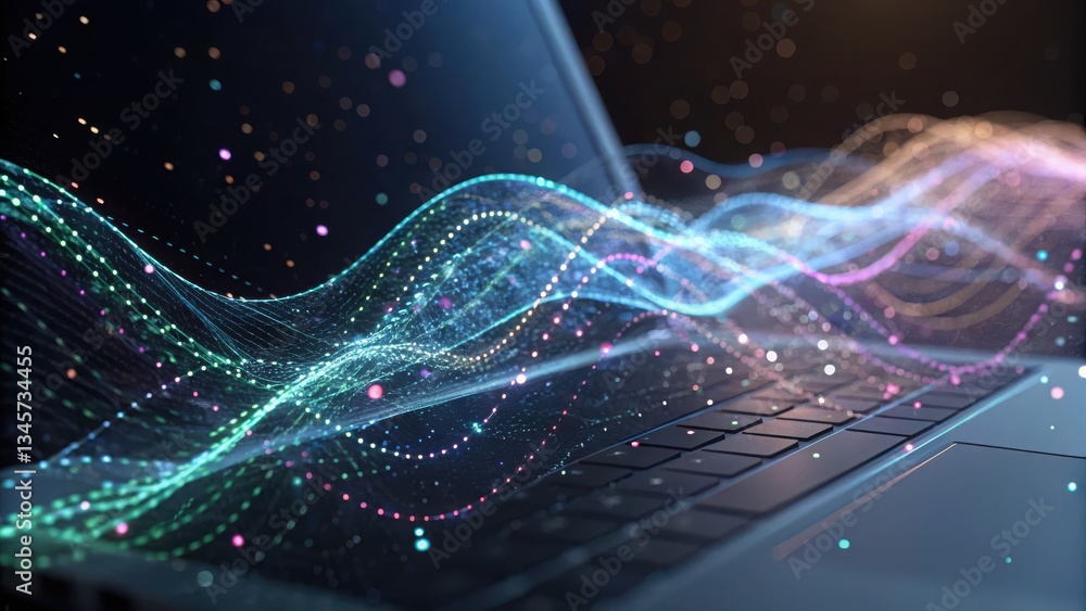 Poster laptop emitting a wave of light symbolizing quantum computing business solutions closeup view