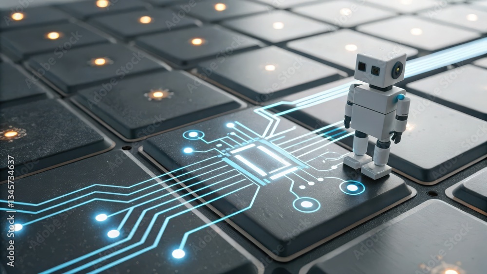 Poster robot positioned on a computer keyboard highlighting smart business automation technology closeup sh