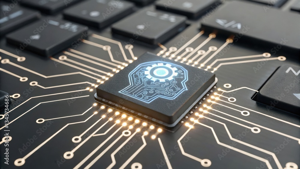 Poster computer chip featuring a robot head on it representing smart business automation technology closeup