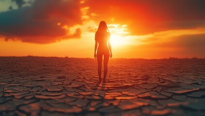 silhouette figure in drought landscape evokes reflection hope and resilience against global climate changes