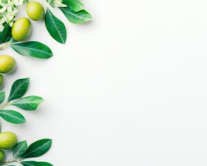 Green Olives & Leaves Border for White Background.
