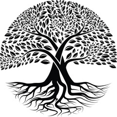 Root Of The Tree logo illustration. Vector silhouette of a tree, green forestry strong root tree logo, High detail illustration of an old olive tree, hand drawn, vector