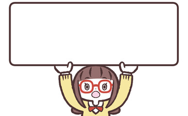 看板を掲げ驚くメガネ女子学生イラスト