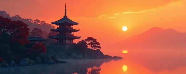 Serene orange sunset hues paint a mist-shrouded Japanese pagoda , tranquil, japan