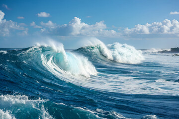 Giant waves break in an arc in the sea.
