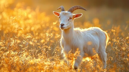 Golden-hour goat in tall grass field