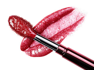 Pinkish-red lip gloss with a shiny, sparkling finish and a slight shimmer, with a brush on a white background
