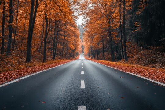 Winding road through vibrant autumn forest with golden leaves and misty skies at dawn