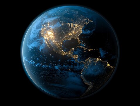 Stunning Night Earth Americas City Lights Global View USA Sky Map Blue Dark Glow World