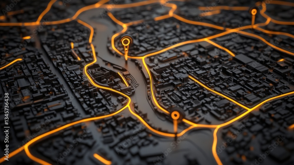 Aufkleber detailed urban map highlighting streets and landmarks with glowing pathways and pinpoints for naviga