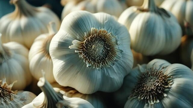These garlic bulbs present a close-up view of their unique shapes and organic textures. Ideal for food photography. Suitable for culinary art and health-related themes. Generative AI