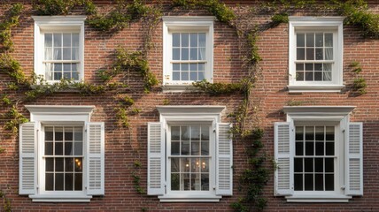 Fototapeta premium Red Brick Building with White Windows and Climbing Vines