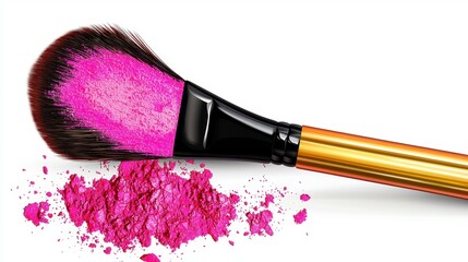 Vibrant Pink Makeup Brush and Powder on White Background