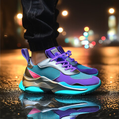 Purple and teal chunky sneakers with metallic details worn at night on wet street