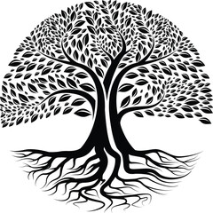 Root Of The Tree logo illustration. Vector silhouette of a tree, green forestry strong root tree logo, High detail illustration of an old olive tree, hand drawn, vector