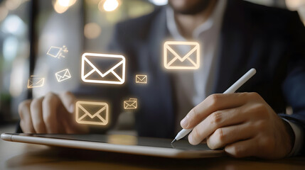 Hand holding tablet with email symbol on screen