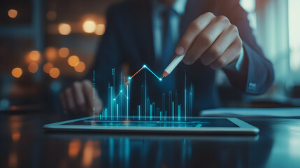 Businessman working on laptop and tablet with financial growth chart and market data