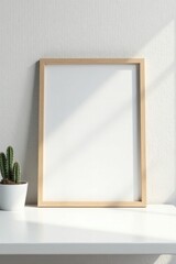 White desk, empty frame mockup, small cactus, bright background, desk, frame