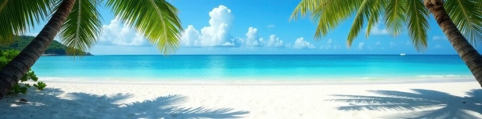 Naklejka premium White sand beach, vibrant blue sea, shadows of palm trees, scenic, exotic, travel