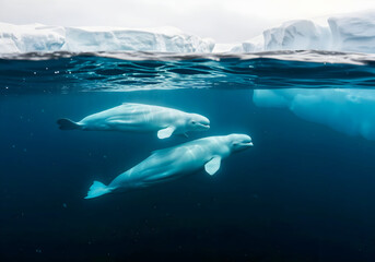 Two Beluga Whales Gracefully Swimming Beneath Arctic Ice in Pristine Frozen Waters, animals and wildlife background