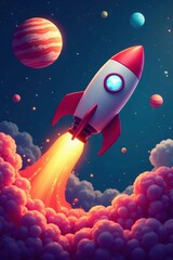 Fototapeta premium A cartoon rocket soaring past colorful planets , image, galaxy, playful