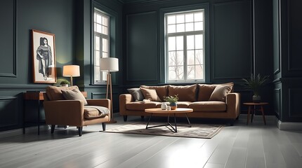 A graceful and elegant stylish living room with dark green walls.

