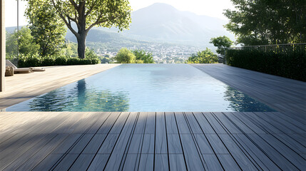 Swimming pool with wooden decking around the edge, offering a view of mountains and nature