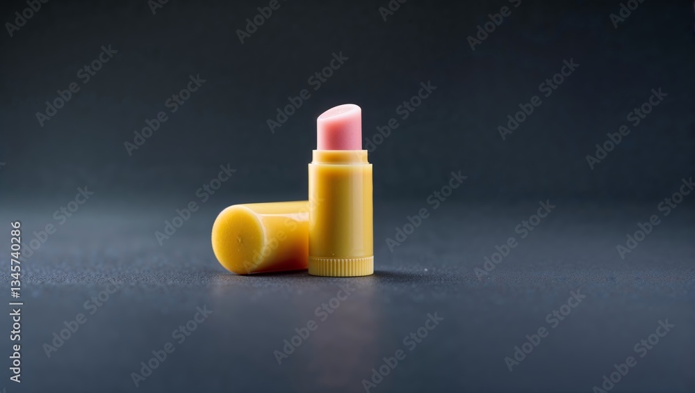 Poster lip balm in a yellow container with a pink tip showcased on a dark surface, highlighting texture and