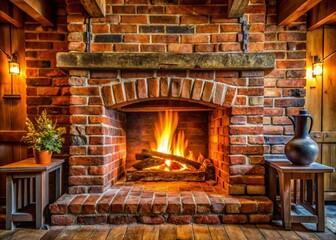 Rustic Brick Fireplace in Cozy Interior - Authentic Documentary Style Stock Photo