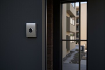 Modern Doorbell Camera Installed on an Apartment Door with Contemporary Architecture Visible in the Background