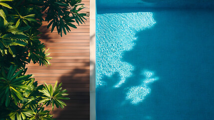 The view of the swimming pool with a wooden deck edge creates a contrasting tone, offering a minimalist feel