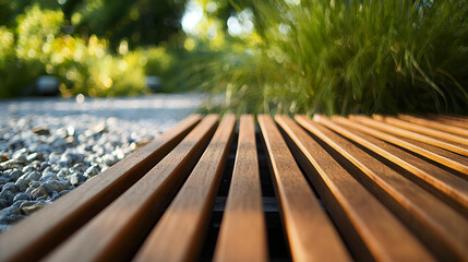  Design of a walkway around the house using wooden decking and stones, decorated with plants