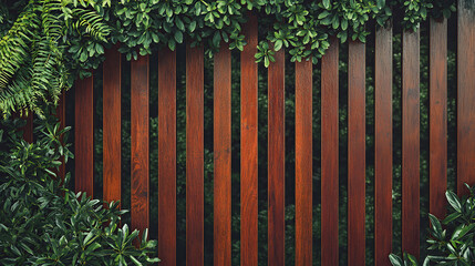 Design of a house fence made of wooden decking, enhanced with climbing vines