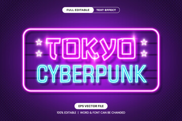 Cyberpunk Tokyo neon text effect with glowing pink and blue typography on a dark purple background. Fully editable EPS vector file, perfect for futuristic, sci-fi, and urban tech-inspired designs