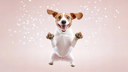 Energetic jack russell terrier leaping playfully with confetti in air