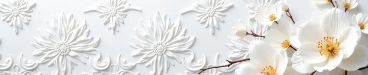 Crisp white damask with raised floral details, subtle sheen , event, bright, interior