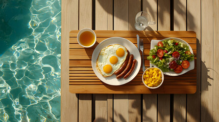 Breakfast set with a plate of salad and tea placed on a wooden tray with a view of the swimming pool