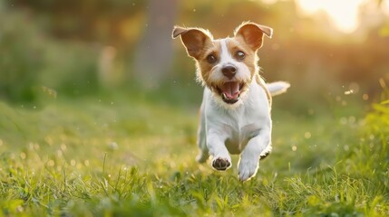Joyful Jack Russell Terrier running freely in golden sunrise over a lush green field