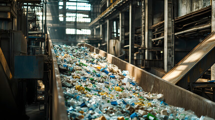 Plastic bottles waste that has been sorted for recycling in a waste processing plant