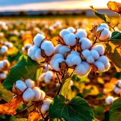 Warm golden light highlights the softness of the fibres, showcasing the raw beauty of cotton before harvest. Generative AI