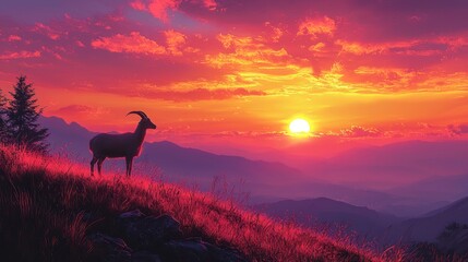 Mountain Goat Silhouette at Sunset over Majestic Peaks