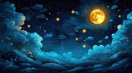 Fototapeta premium A beautiful starry night scene with full moon and clouds
