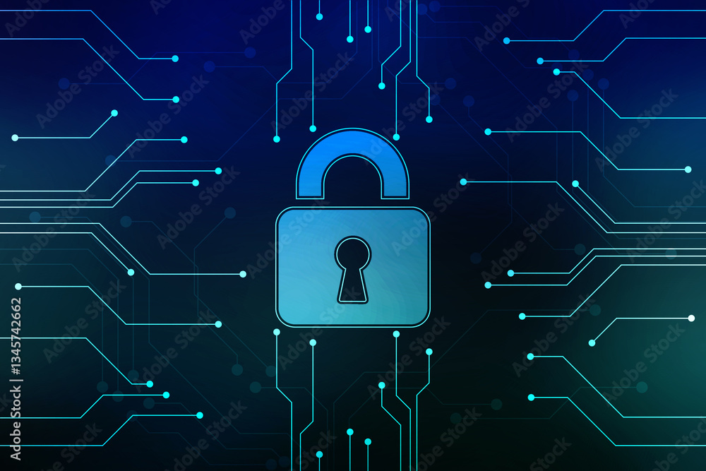 Poster closed padlock on digital screen with flowing binary codes, cyber security and safety information, p