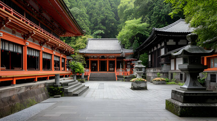 Naklejka premium Traditional Japanese Temple Architecture Exterior With Red Orange Hues Stone Pathway And Lush Green Foliage In Sunny Day