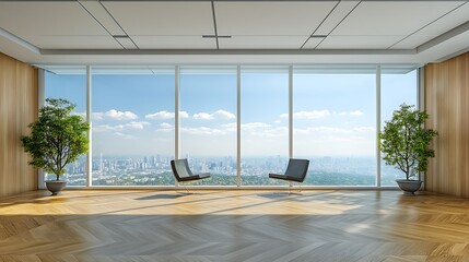 Fototapeta premium Modern Office Interior Design: 3D Render of High-Rise Panoramic View AI Generated