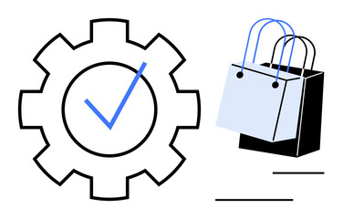Obraz premium Gear with check mark beside shopping bags. Ideal for e-commerce, quality control, logistics, online shopping, automation, retail management, customer satisfaction abstract line flat metaphor
