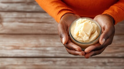 Shea butter moisturizing cosmetic beauty. Creamy ice cream held in hands against a rustic wooden background.