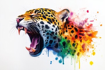 Roaring jaguar with colorful watercolor splashes