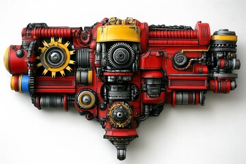 Fototapeta premium Complex red and yellow mechanical device with intricate details is shown